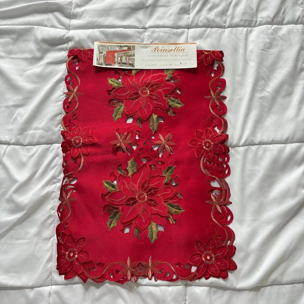 Editex Poinsettia Embroidered Table Runner Red Gold Christmas Holiday 16x43 NWT